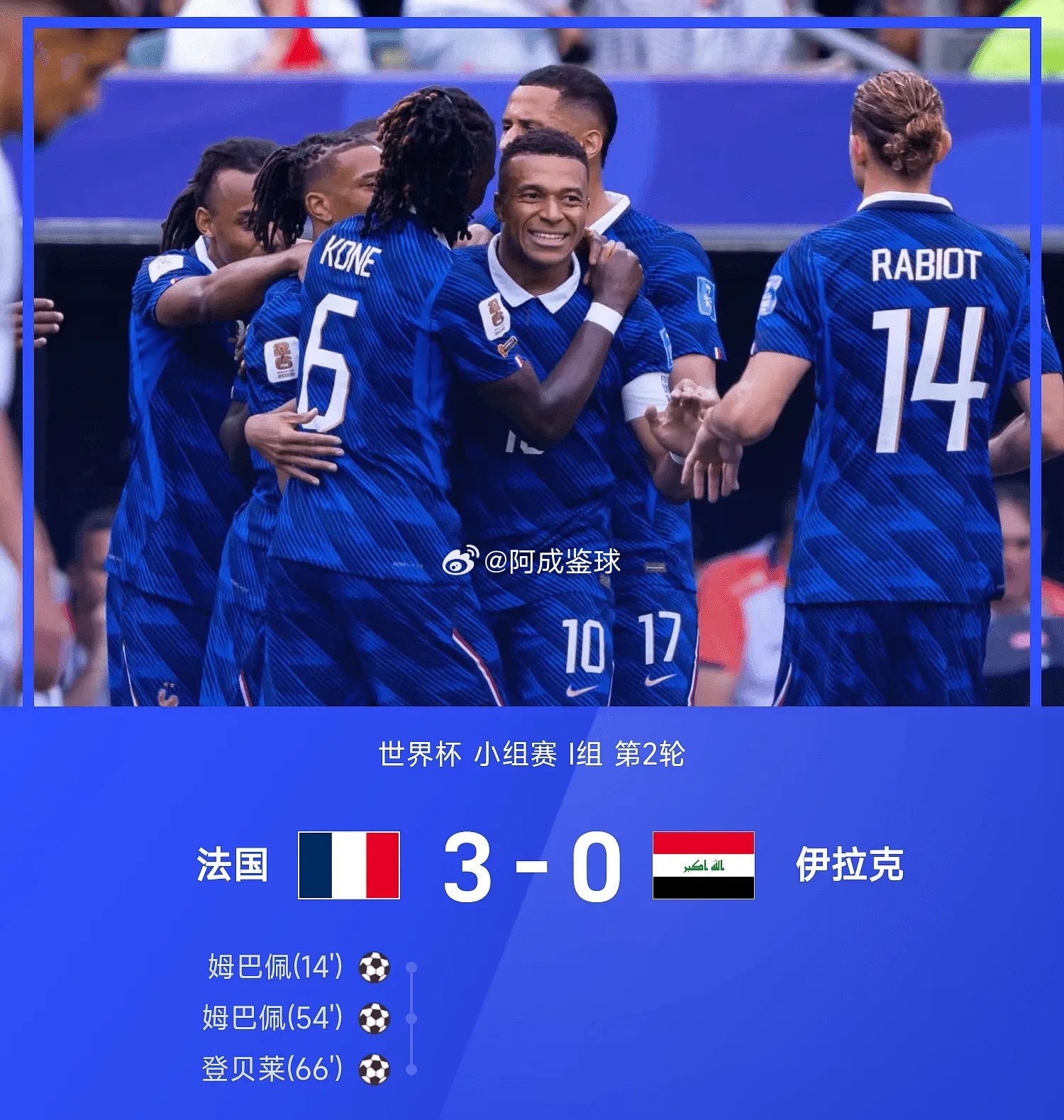 世界杯战报：姆巴佩梅开二度，法国3-0伊拉克提前出线法国vs伊拉克姆巴佩 美加墨