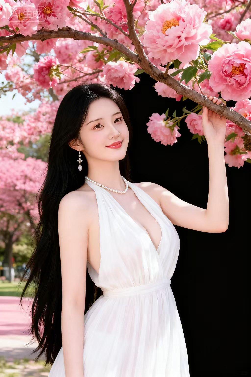 绝句 牡丹花下
 云鬓垂丝映花红，
白裙曳地意从容。
回眸浅盼含清韵，
一顾倾城