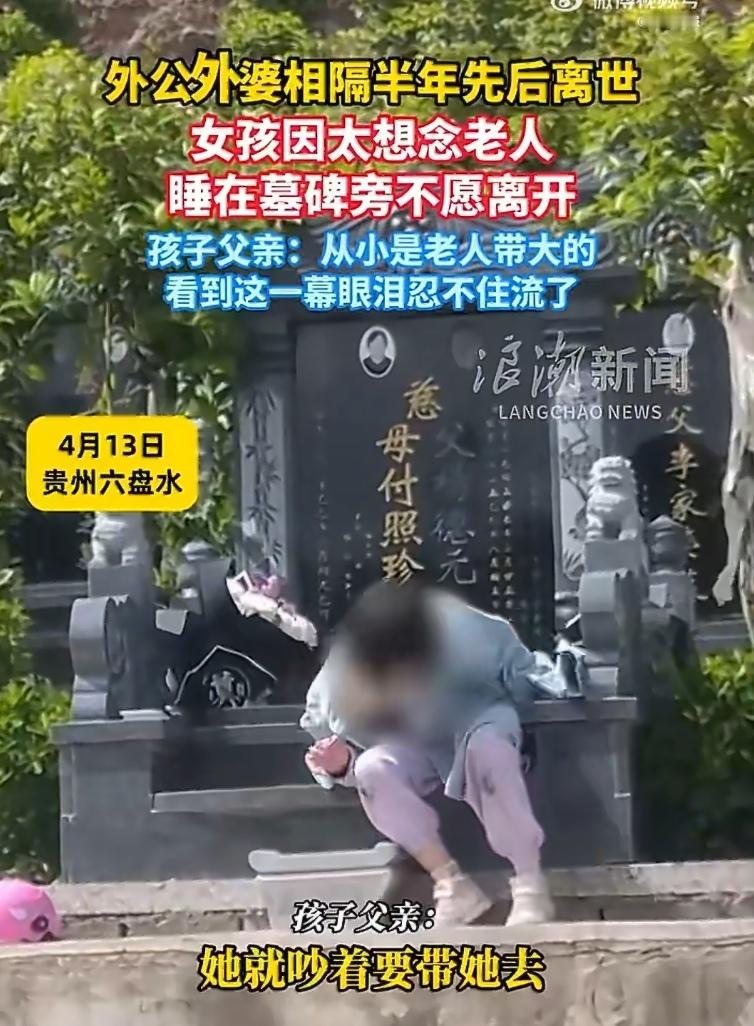 贵州六盘水的一座墓园里，一个小女孩躺在墓碑旁，蜷缩着睡着了。那是她外公外婆的合葬