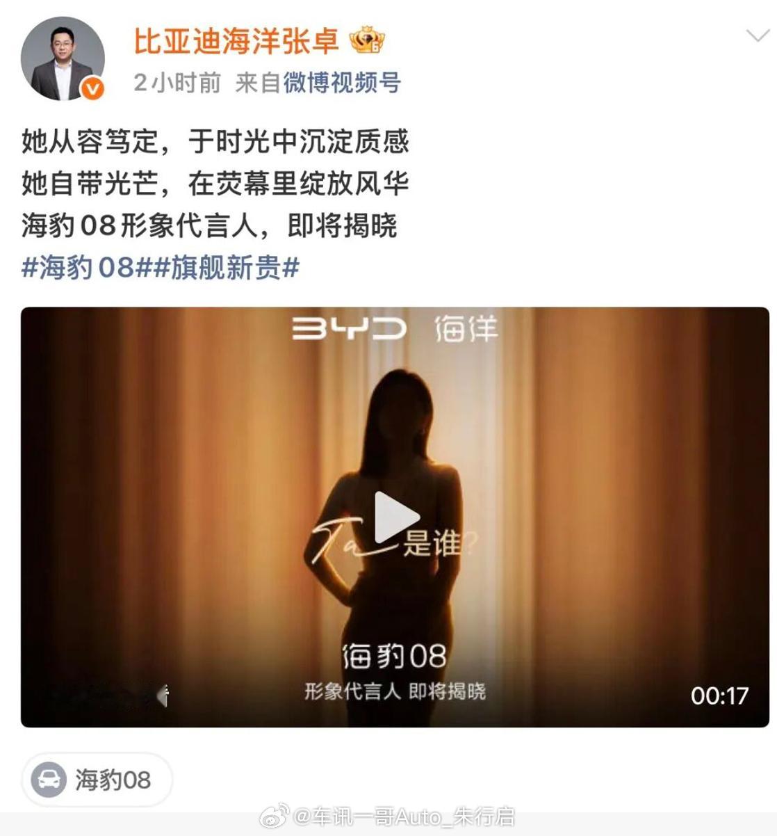 今天，比亚迪海洋网总经理张卓正式在社交平台公布海豹08形象代言人，目前从视频来看