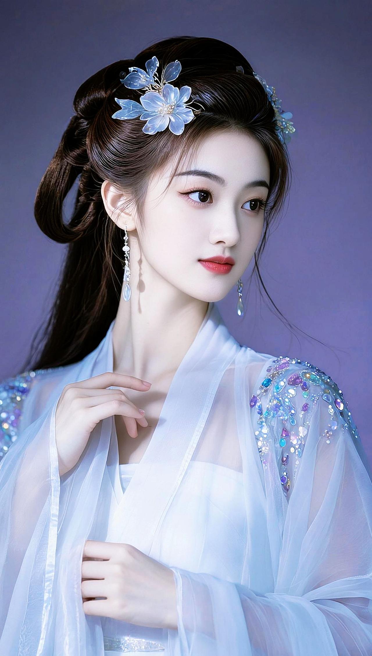 AI淡紫花饰写真 抖音ai创作 古风温婉写真 古风妆容有多美 古风美人