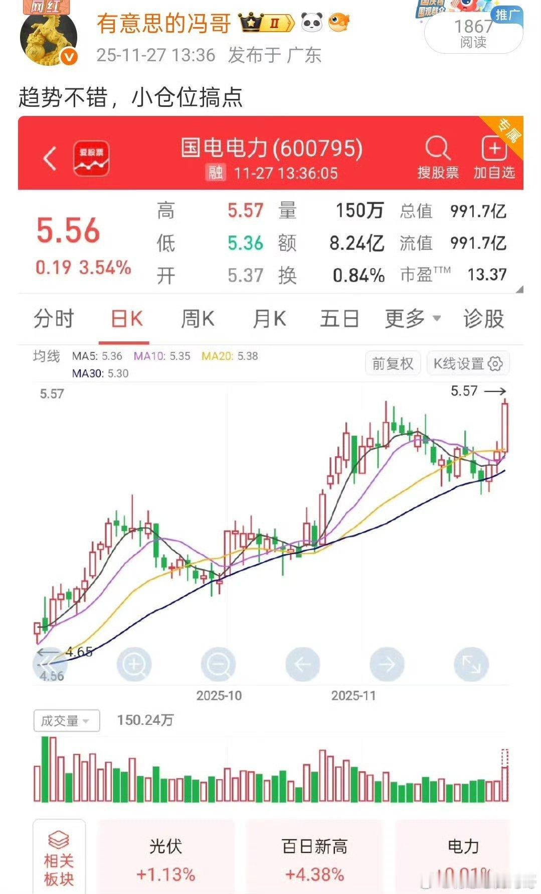 看图说话，11.27上车的国电电力一直在新高，这个非常的舒服阿，这趋势走的是相当