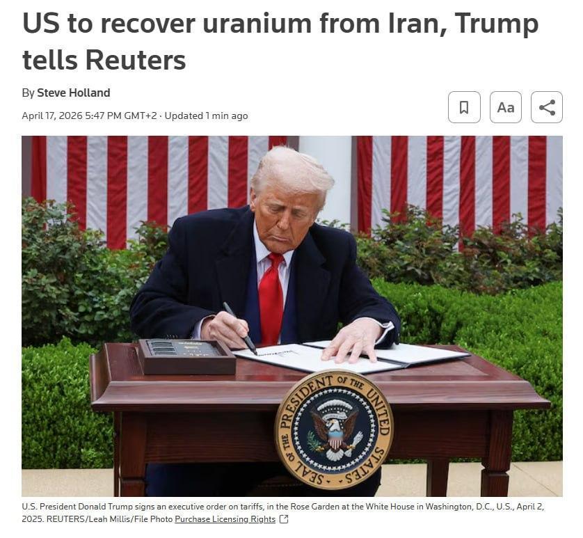 特朗普向路透社表示，美国将与伊朗合作，收回其浓缩铀并将其运回美国。我们会妥善处理