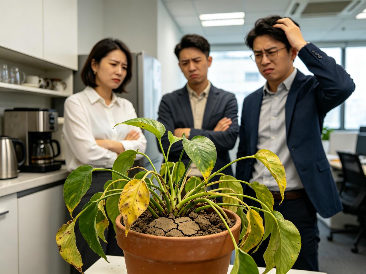 公司出了个新规定：每天必须给植物浇水，浇死了要赔。

老板在茶水间放了盆绿萝，说