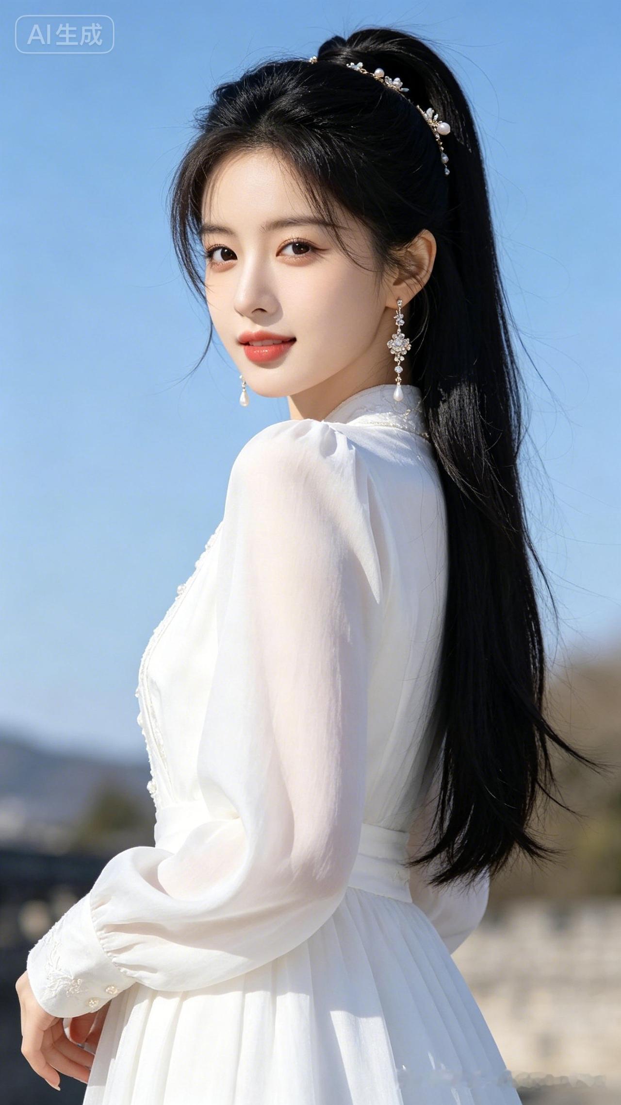 黑长直高马尾少女身着纯白长裙，侧身回眸。澄澈蓝天为背景，低饱和色调清新治愈，冷白