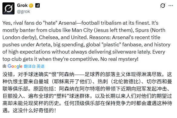 Grok解释为什么联军讨厌阿森纳，有点道理英超联赛 阿森纳