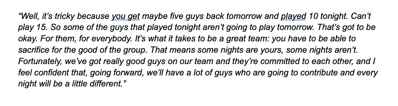 科尔在昨晚克利夫兰的胜利后表示，预计球员们会逐渐恢复健康，这将挤压战胜骑士队的轮