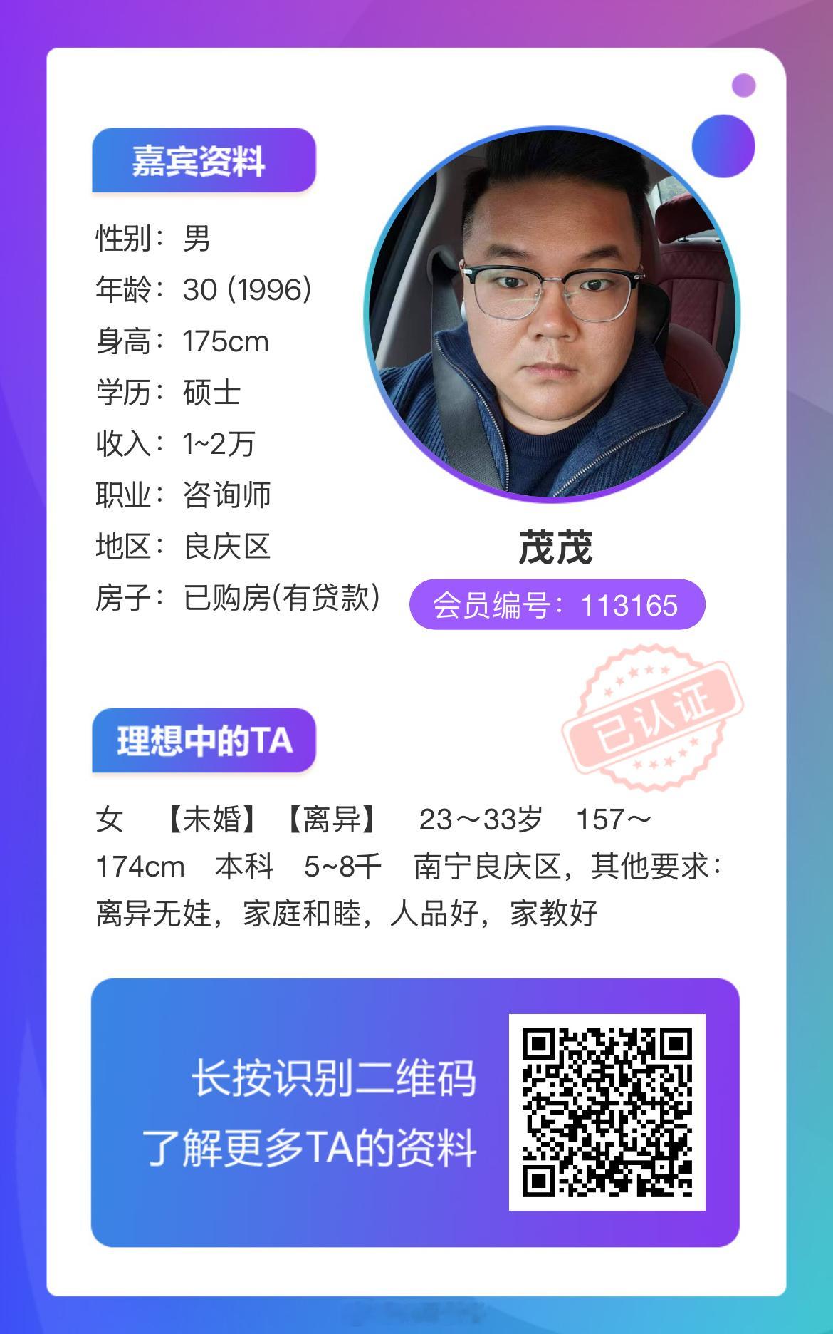 113165男嘉宾：96年，身高175，现居南宁，详情如下↓ 