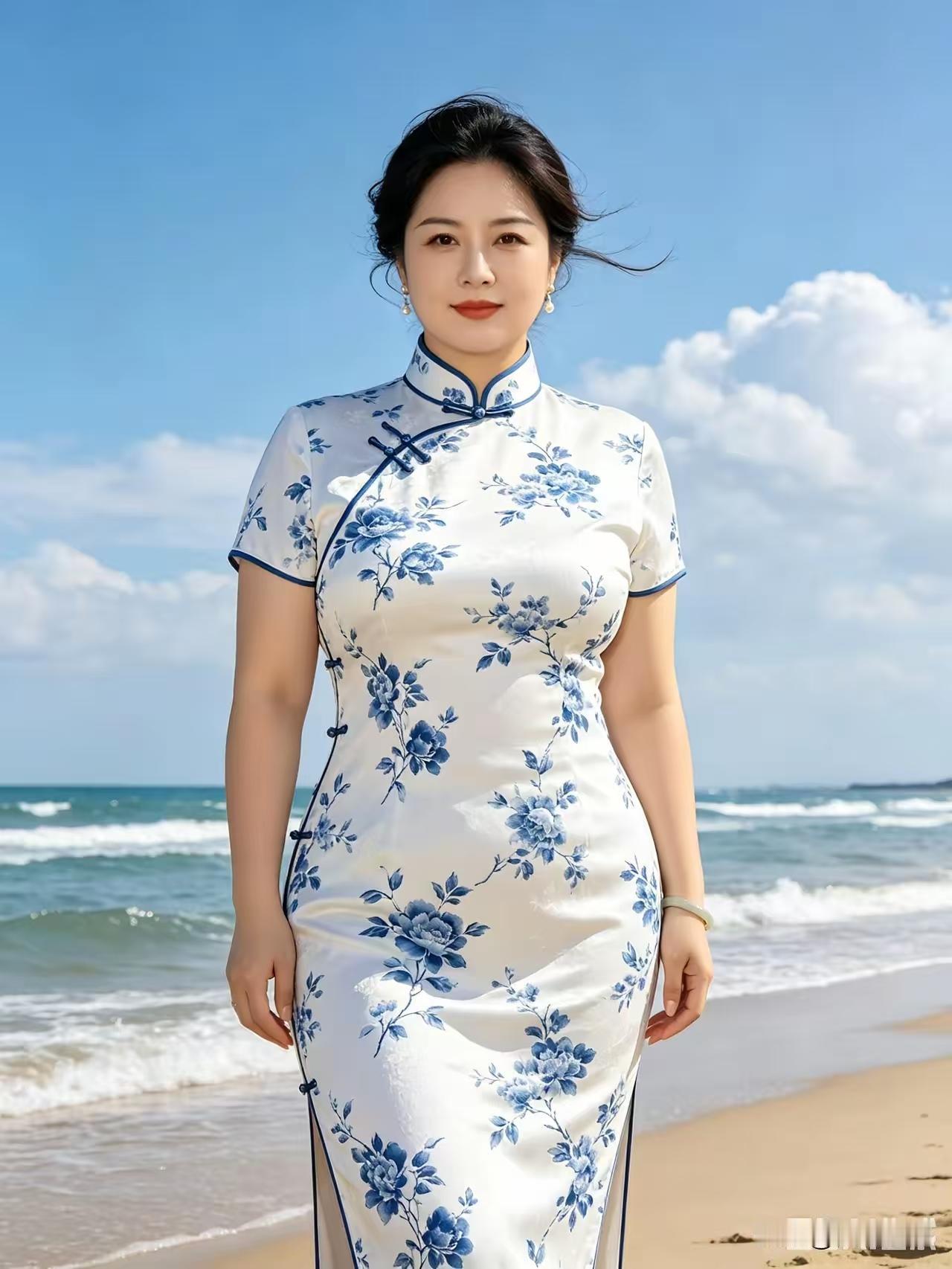 塞鸿秋·海边旗袍佳人
素襟蓝花旗袍俏，
丰姿玉润腰身妙。
明眸含韵神容耀，
温婉