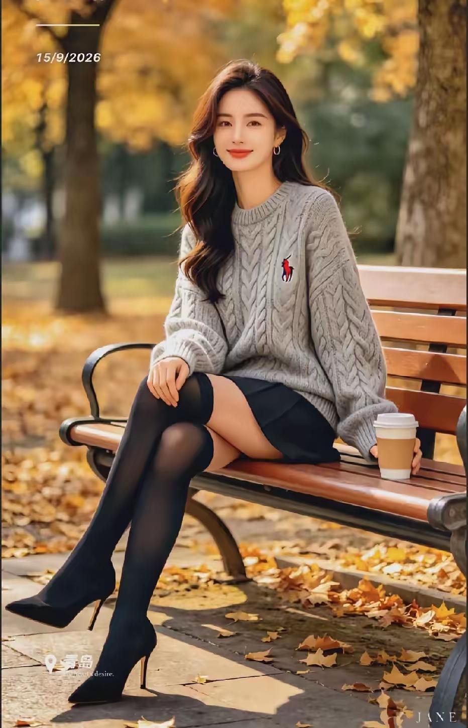 秋日公园，女孩享受咖啡时光。
