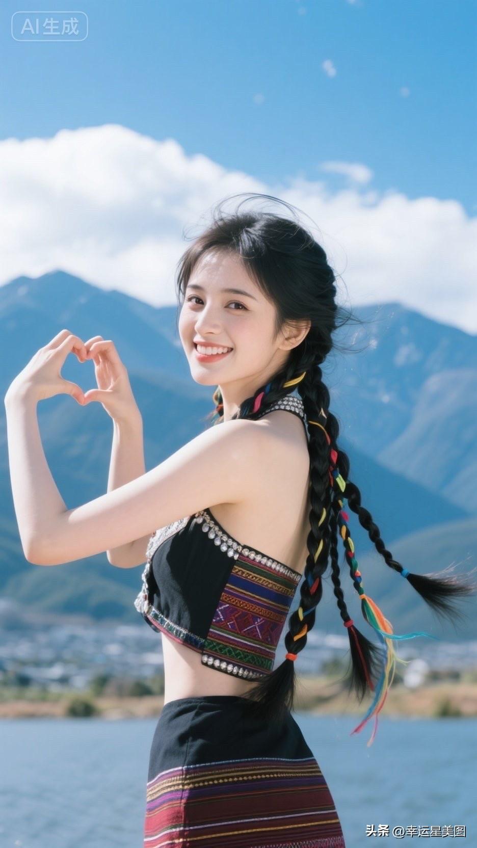 少女心爆棚的湖边自拍，爱心手势与美丽风景相映成趣！💖🌊🏔️