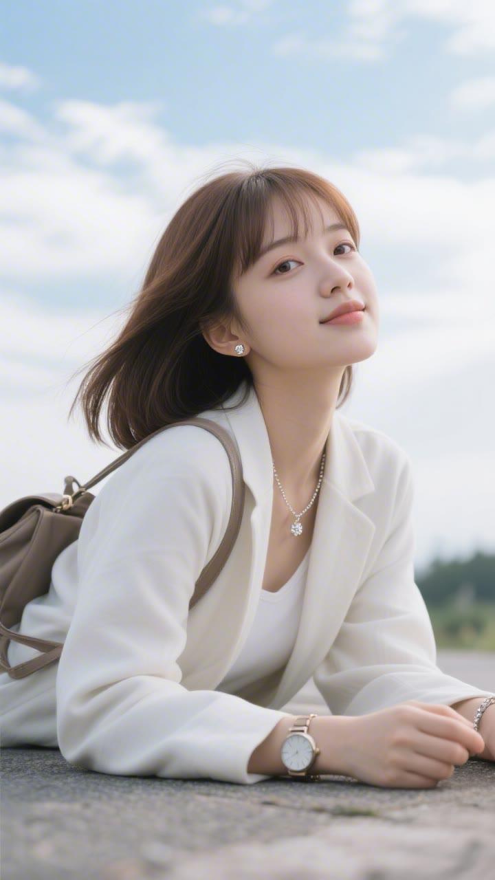 阳光下的温柔时光，白色西装与自然相映成趣。