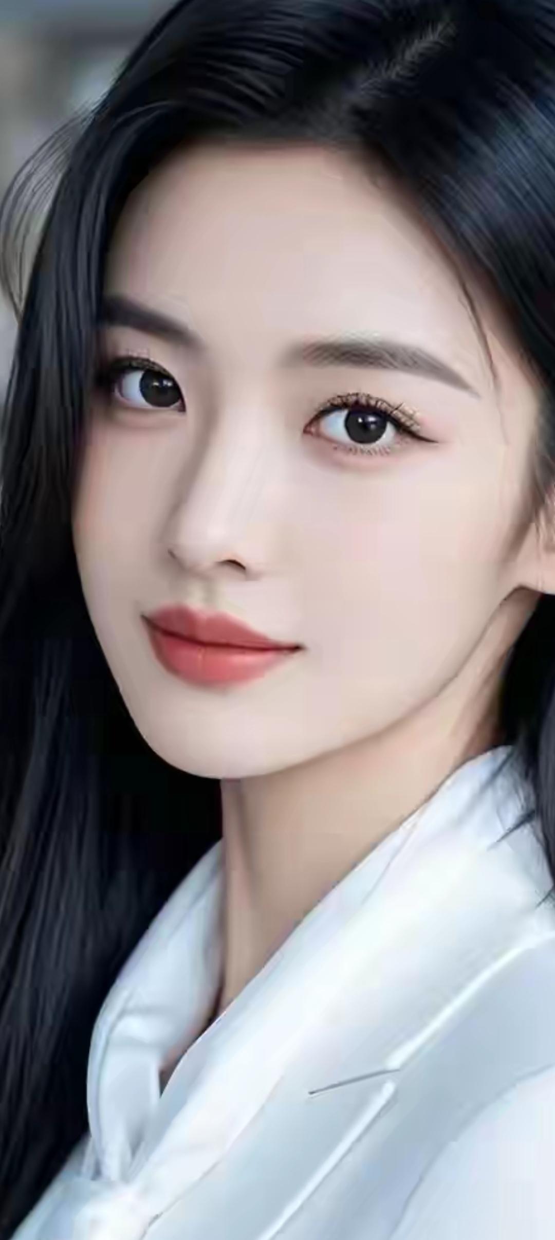 温柔甜美的少女，白皙肌肤，黑发飘逸，穿着白色衬衫，清新自然。