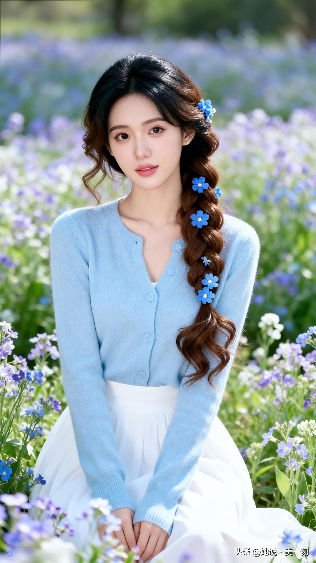 梦幻花海中的温柔少女，蓝白相间，宛如童话世界。什么是真正的女性美?