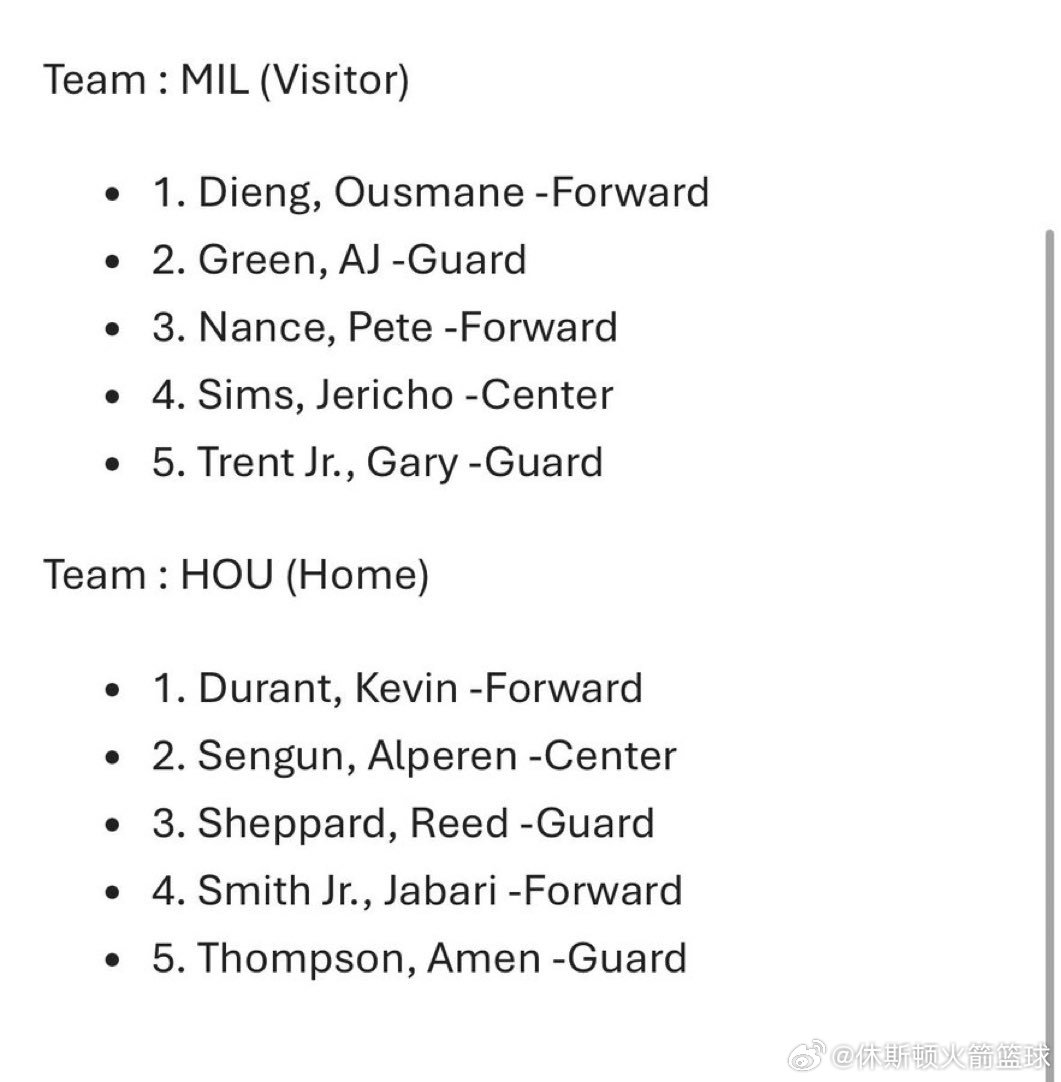 雄鹿vs火箭 今日双方首发出炉🔻球队：休斯顿火箭 (主队)1. 凯文·杜兰特 