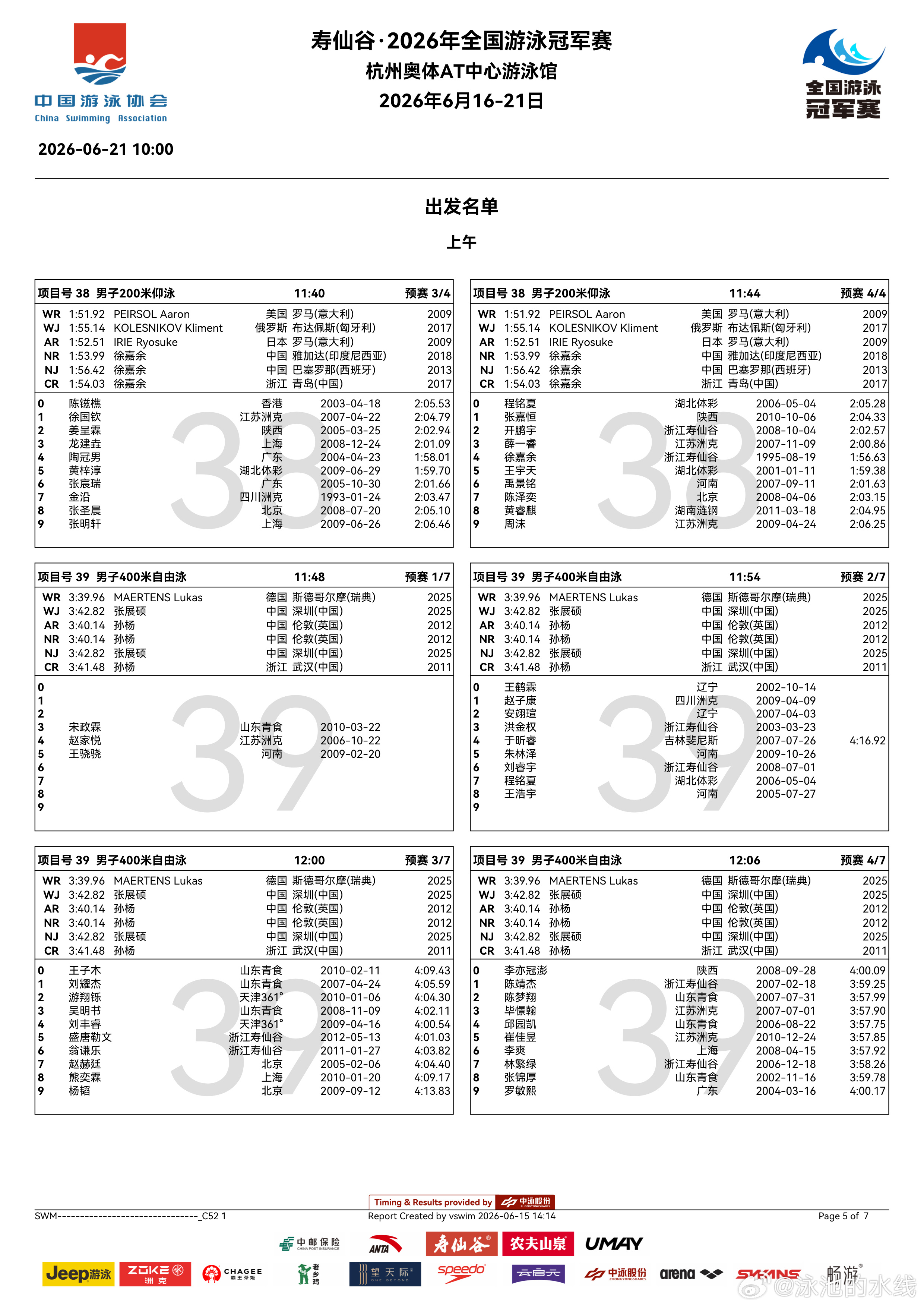 2026年全国游泳冠军赛 最后一天比赛预赛秩序单来啦