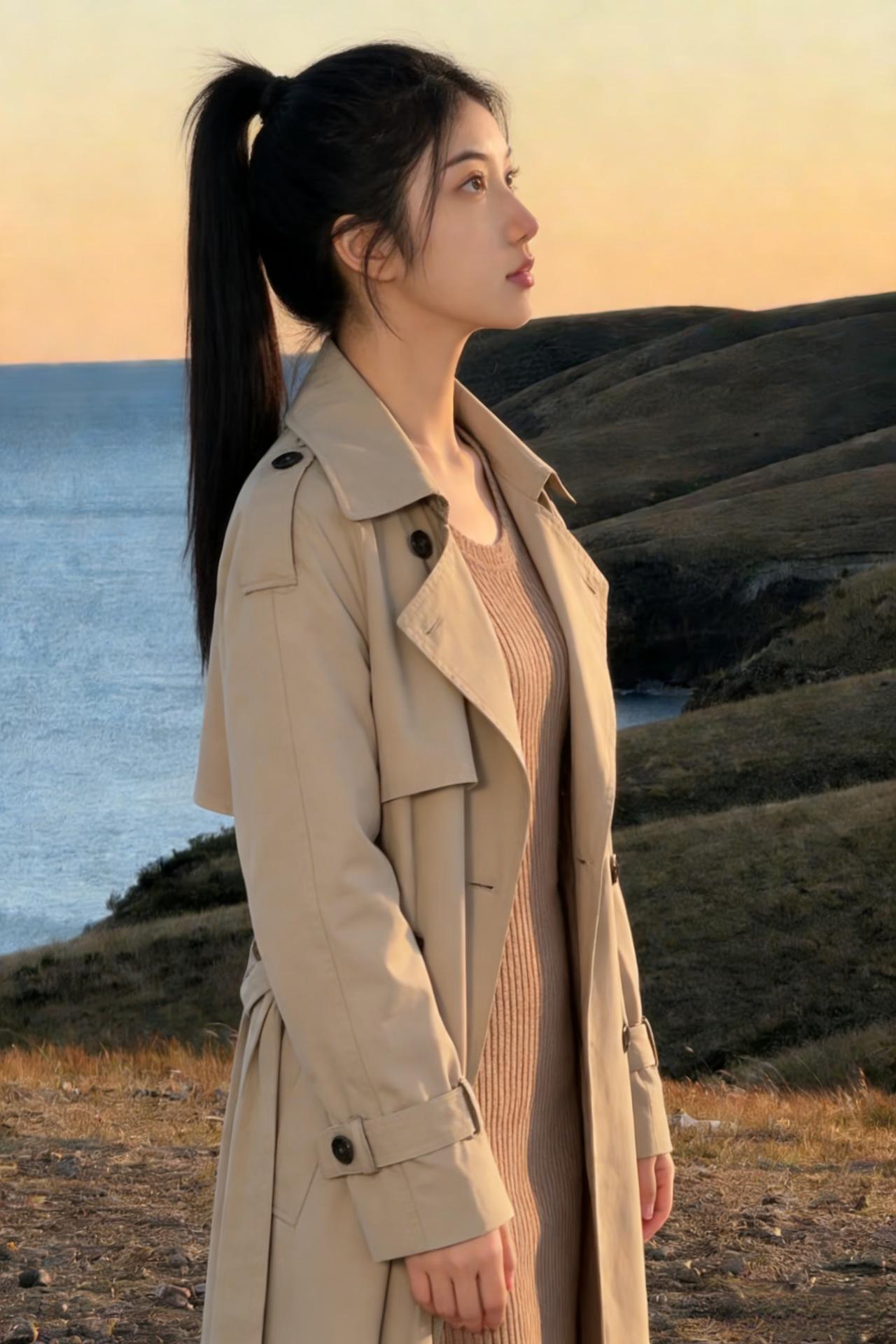 落日熔金覆海陬，佳人独立望沧流。
风衣漫惹天风软，长发斜牵暮霭柔。
远岫含烟凝黛