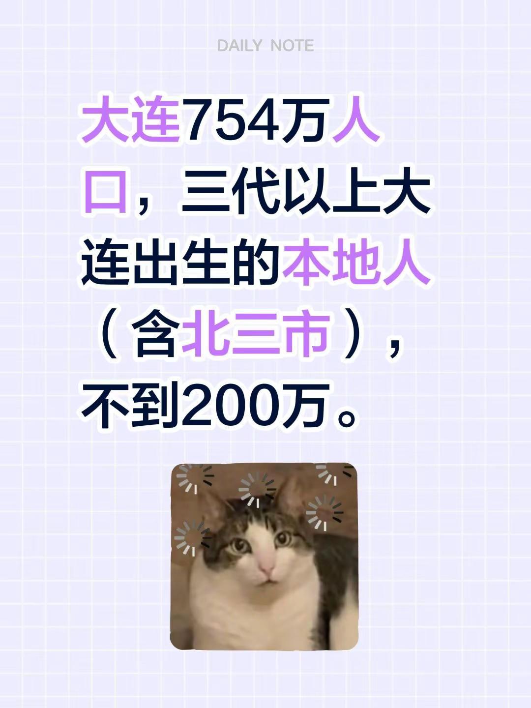 大连754万人口，三代以上大连出生的本地人（含北三市）， 不到200万。大连同城