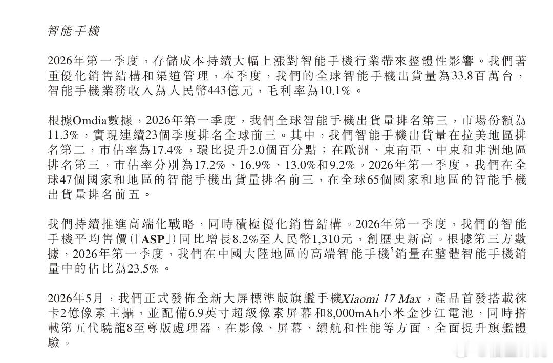 小米智能手机平均售价创新高几个关键信息：- 出货量：全球智能手机出货量为 33.