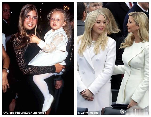 小时候的伊万卡抱着同父异母的妹妹，笑得很童真。长大后她们姐妹同框，两人身材都好好