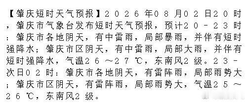肇庆 【肇庆短时天气预报】2026年08月02日20时，肇庆市气象台发布短时天气