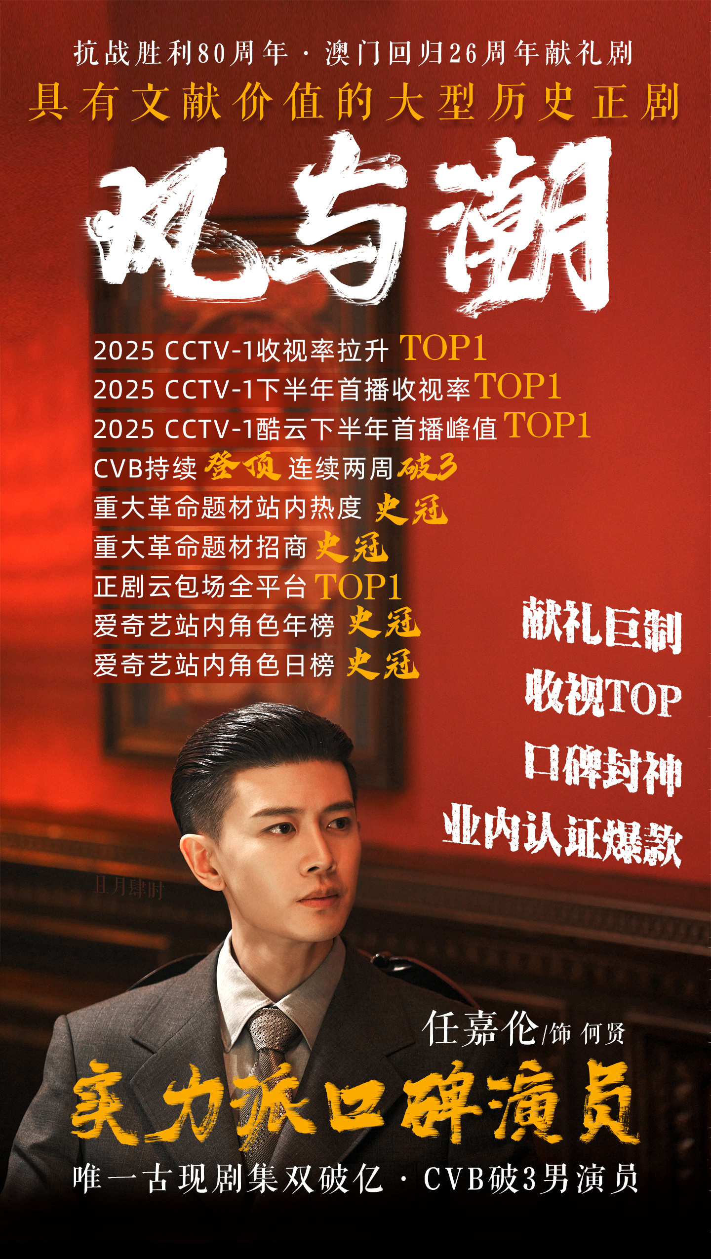 任嘉伦主演的《风与潮》又要央八次黄播出了在央视已经第四轮上星了就这个任嘉伦优秀任