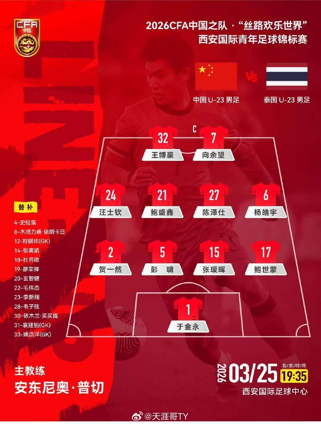 u23国足vs泰国u23国足u23首发名单U23国足首发：1-于金永、2-贺一然