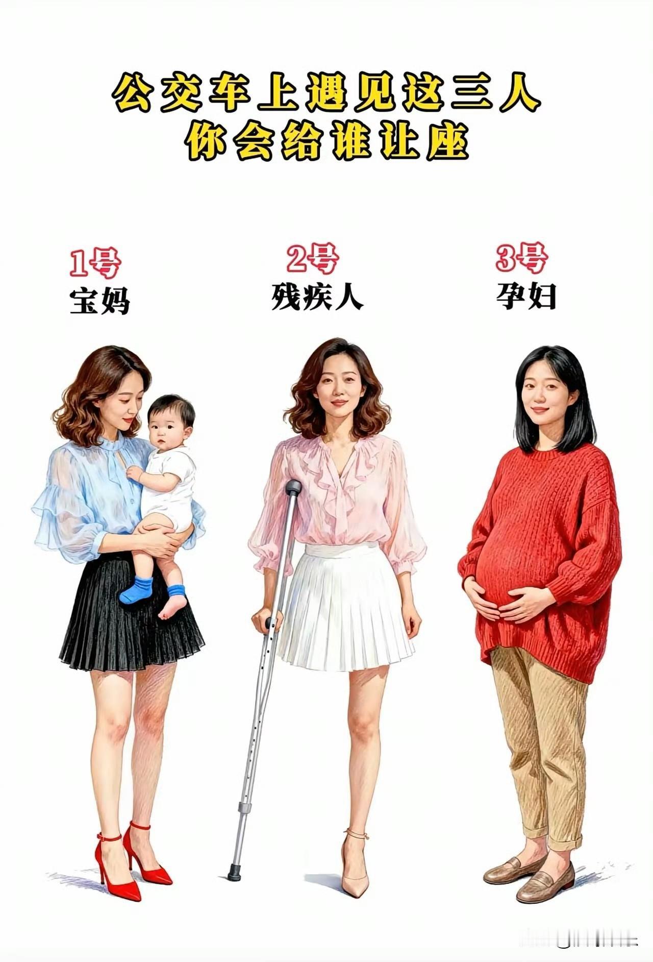 坐公交车时你遇见这三个人，你会给谁让座？