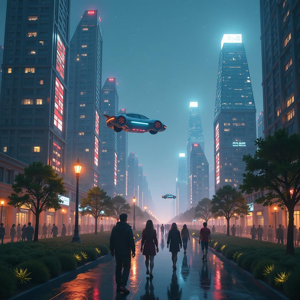 在繁忙的城市街头，阳光透过高耸的摩天大楼，投下一片斑驳的光影。街道上人流如织，车