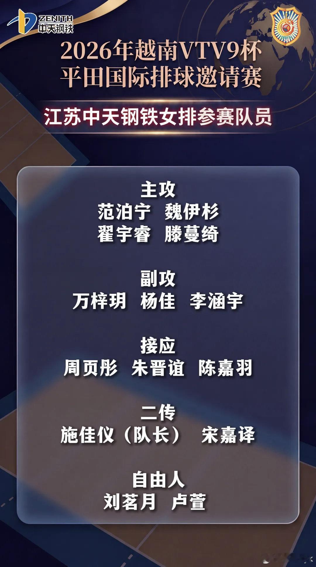 【越南VTV9杯邀请赛】江苏中天女排小组赛赛程（北京时间）:

①15日 21: