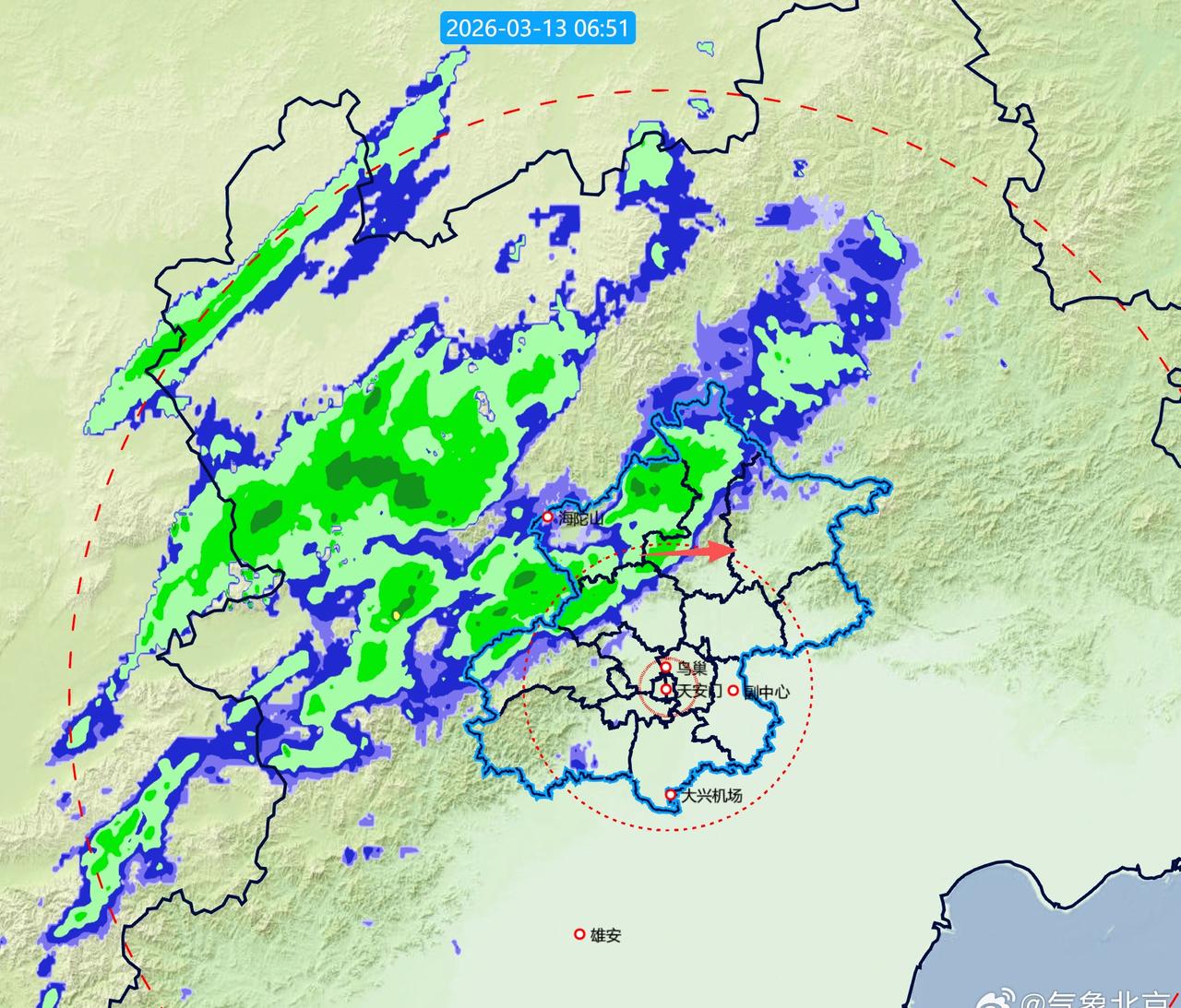 当前，上游降水回波主体在张家口中部。近一小时，最大降雪量为张家口崇礼坝顶，3.2