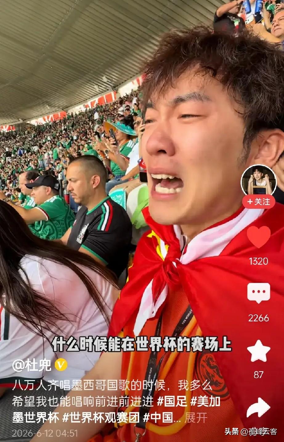 世界杯开幕中国国旗和一众参赛国国旗共同出现在球场上令人心酸，随后在比赛中一位中国
