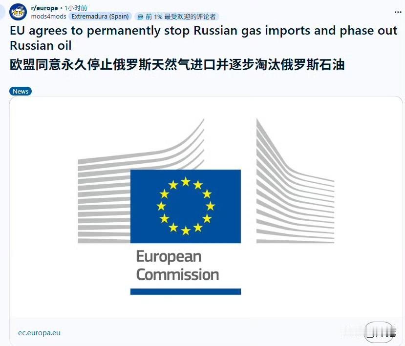 欧盟下了狠心，要永久停止俄罗斯天然气进口并逐步淘汰俄罗斯石油。说实话，我真不太相