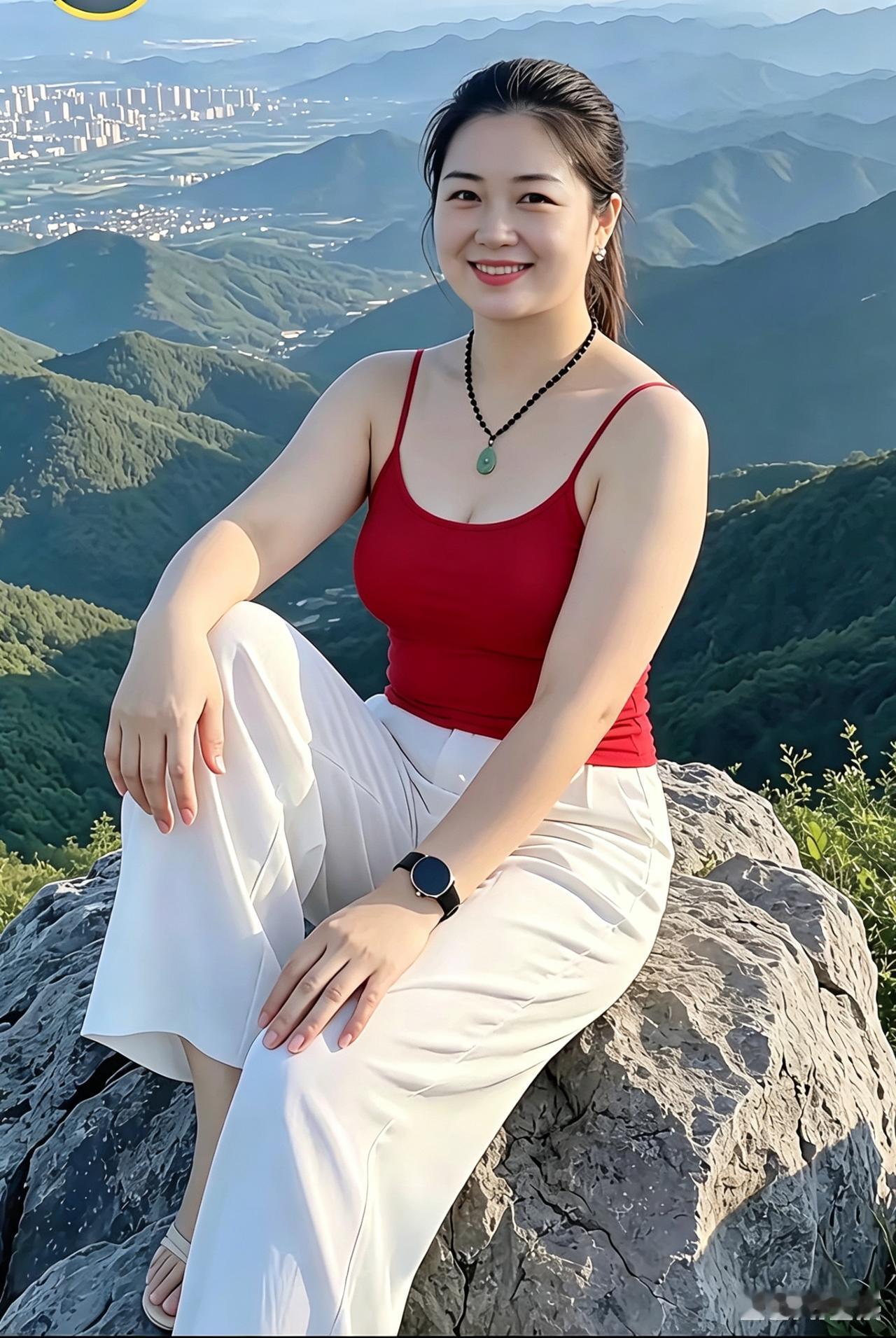 山巅欢颜
 
巍巍层岭入云天，
俏坐青石览万山。
红衫白裤清逸态，
玉牌垂颈伴容