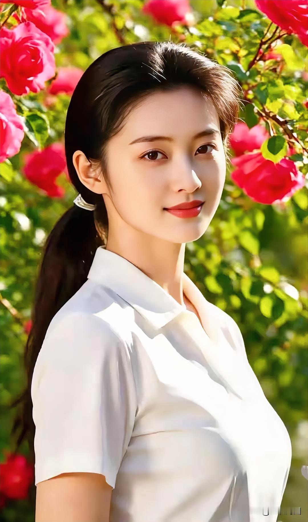 阳光下的美丽少女，与盛开的玫瑰相映成趣。