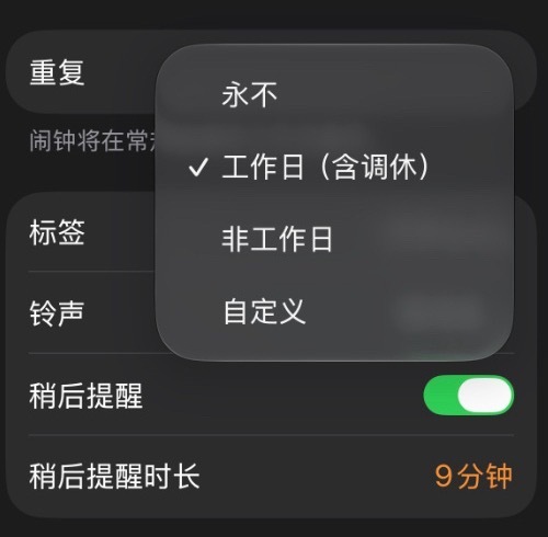 苹果闹钟终于响了谁能想到现在都2026年9月份了，苹果才加了含调休的工作日闹钟。