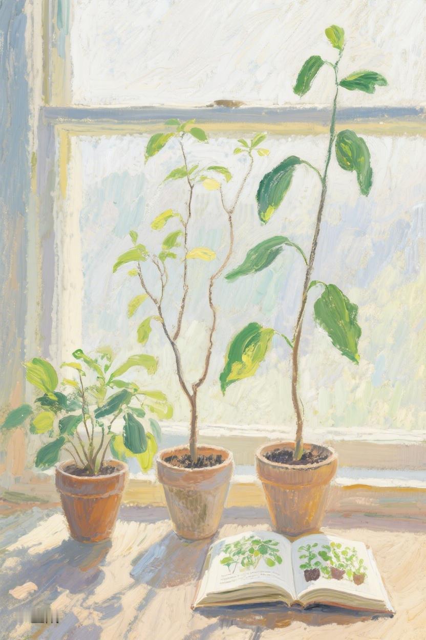 AI随心绘窗边绿植伴书页轻展，阳光倾洒，于静谧处，聆听时光与生命的私语🎋