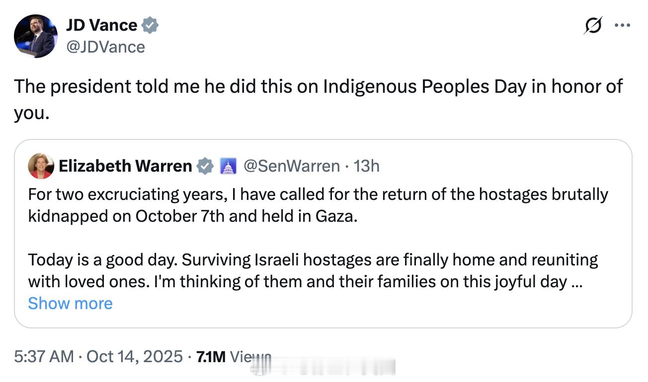 今天Elizabeth Warren发文庆祝以色列人质被释放，但只字不提川普政府