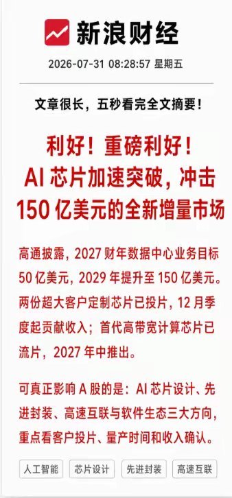 利好！重磅利好！AI 芯片加速突破，冲击150 亿美元的全新增量市场。两份超大客