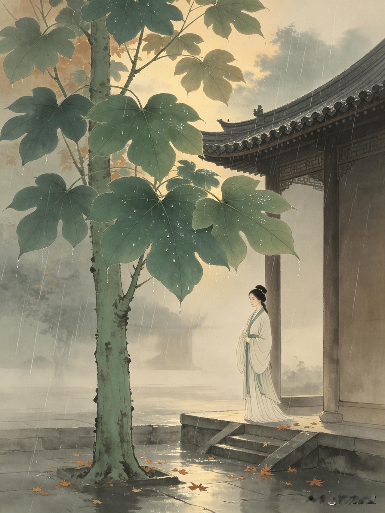 春风撩醉溪边柳，
梧雨滴愁檐下人。

下联大致自清照词：“梧桐更兼细雨，到黄昏，