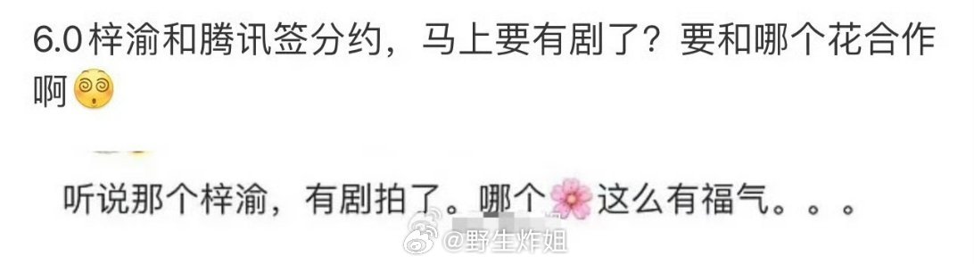 网传梓渝跟鹅那边签分约了，还马上就有新的剧了，不知道会是跟哪个小花合作，你期待看