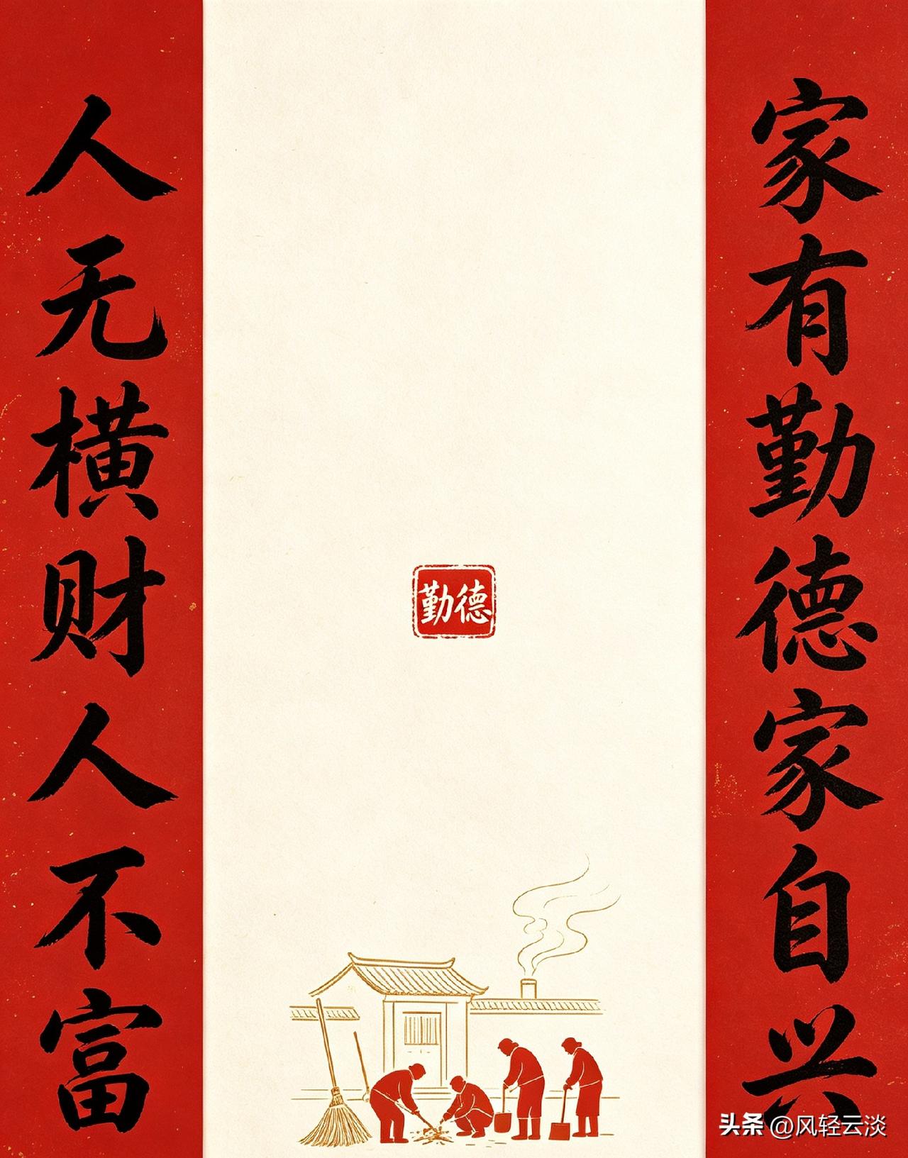 上联：人无横财人不富
下联：家有勤德家自兴
 
老话常说“人无横财不富，马无夜草