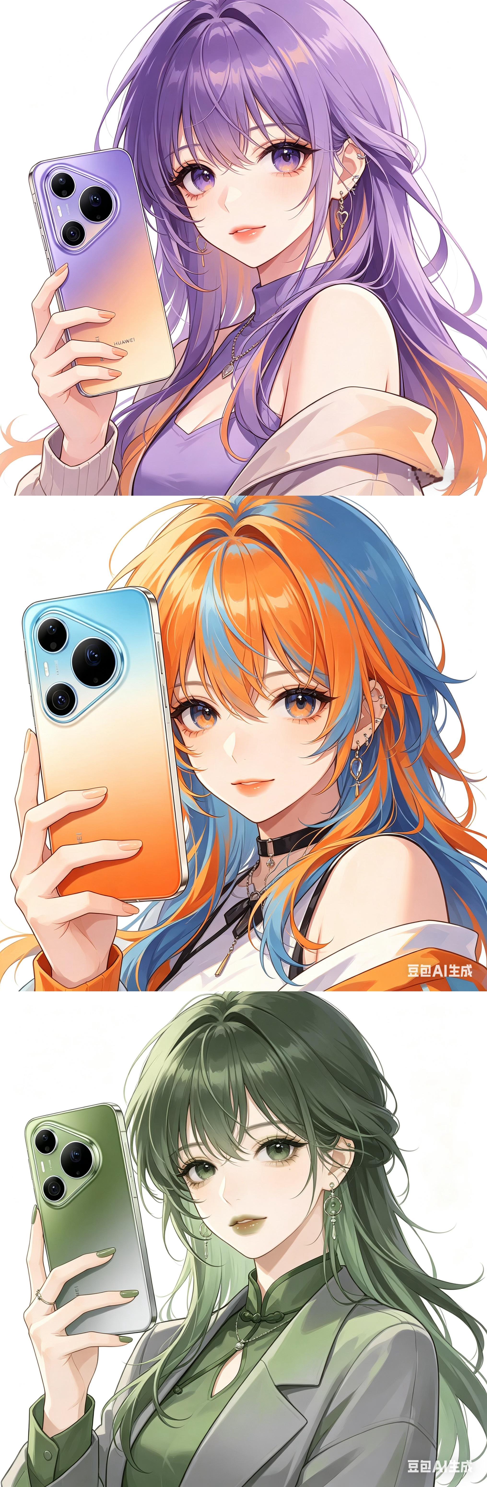 华为Pura90系列外观曝光发给了几个模型，感觉它们都角色这个配色很二次元哈哈，