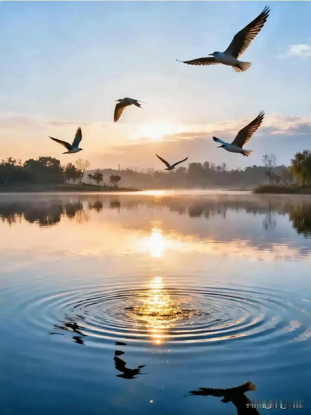 上联：鸟翔水面观自影
下联：皓月飘浮风起皱