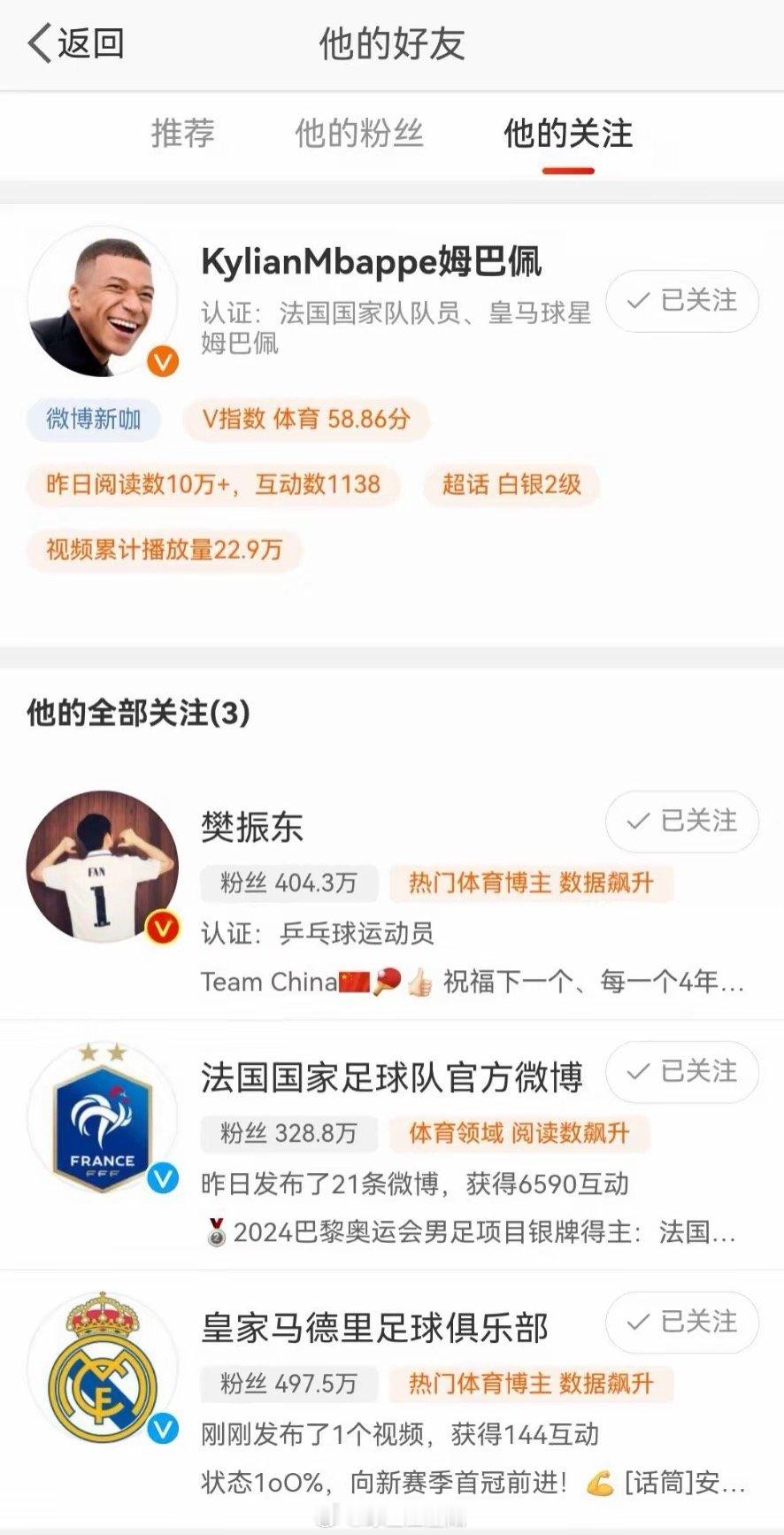 #姆巴佩关注樊振东#梦幻联动🌟姆巴佩微博关注樊振东，前者此前只关注皇马和法国队