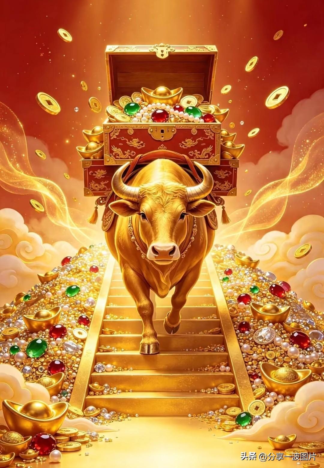 金牛载宝登金阶，
鸿运招财纳万金。