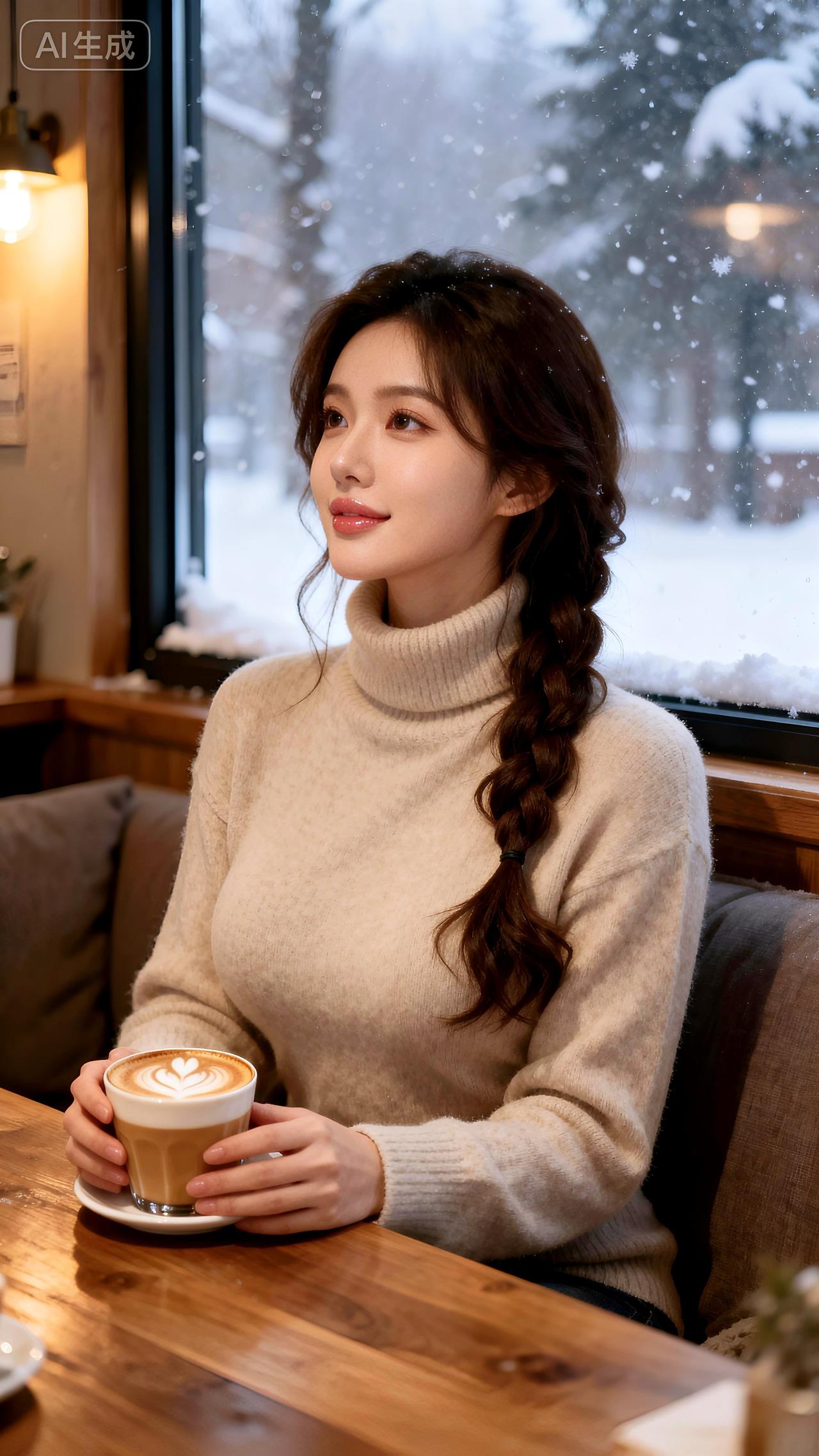 窗外交织着雪的絮语，她蜷缩于咖啡的热气里。时光在唇齿间留香，宁静沉淀为杯中的甜。