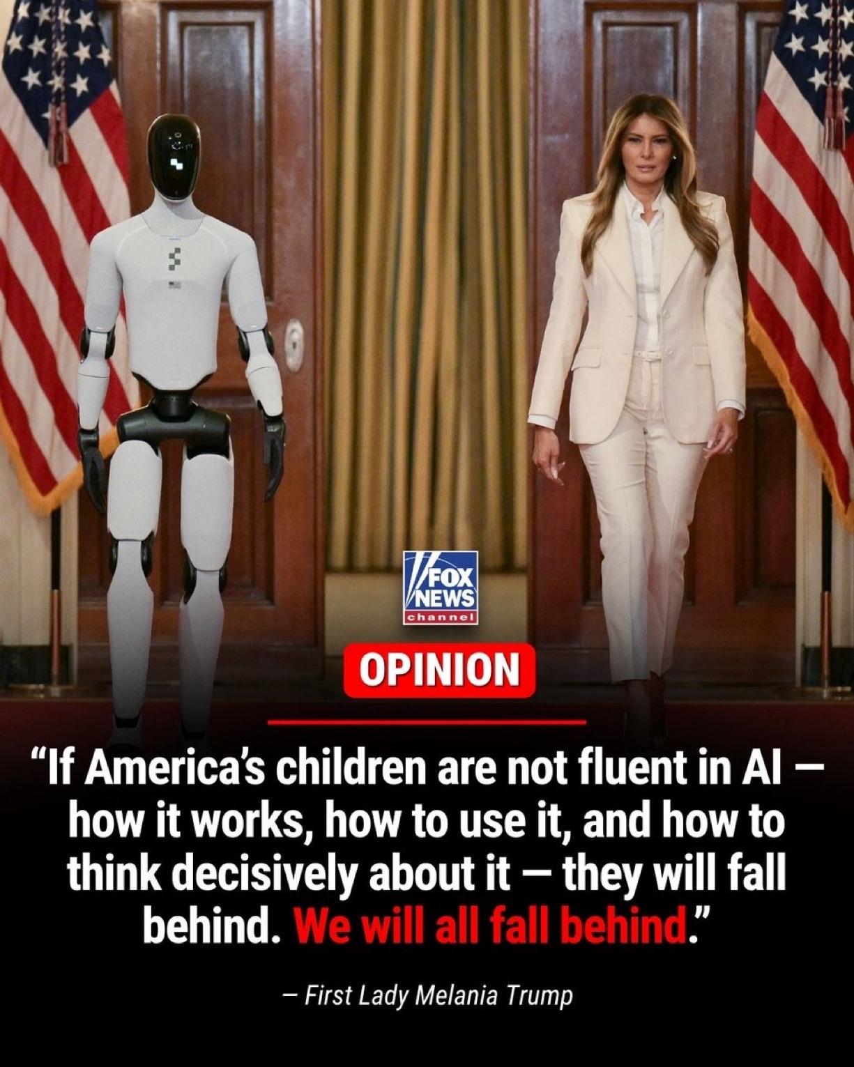 美国第一夫人梅拉尼婭·特朗普表示，学生必须学习人工智能技能，否则就有可能在全球范