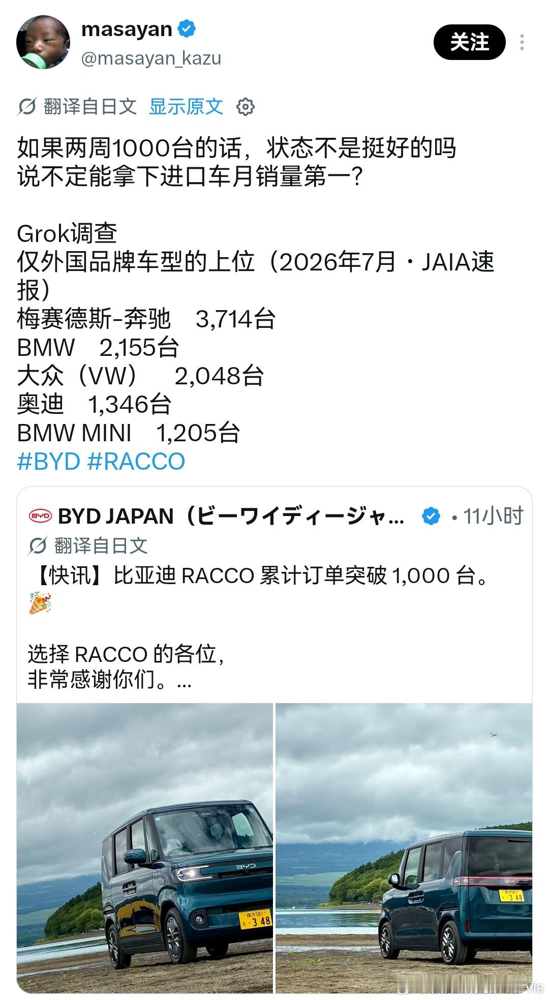 RACCO两周1000台的数字有多高？放在七月进口车销量里，也只比BBA+大众的