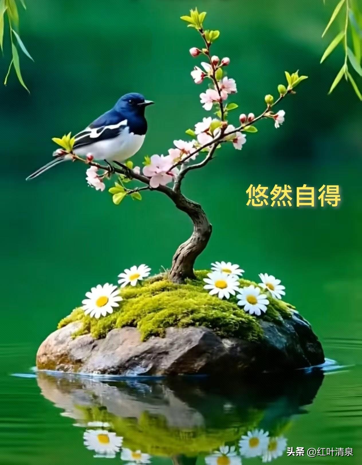 ​喜鹊登枝

晨光破晓露华浓，
喜鹊登枝意万重。
黑羽剪开云外影，
红唇点破雾中